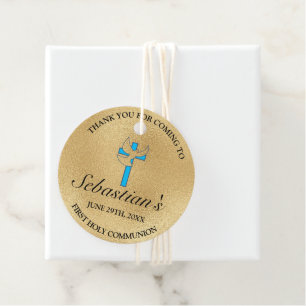 Étiquettes Cadeau Elégant Croix Bleue Or Premier Merci Communion