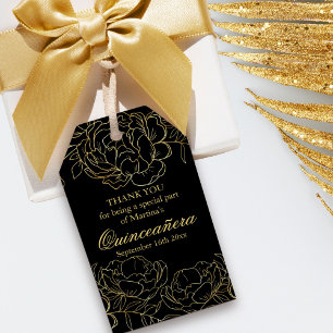 Étiquettes-cadeau Elégant croquis floral noir et or Quinceanera