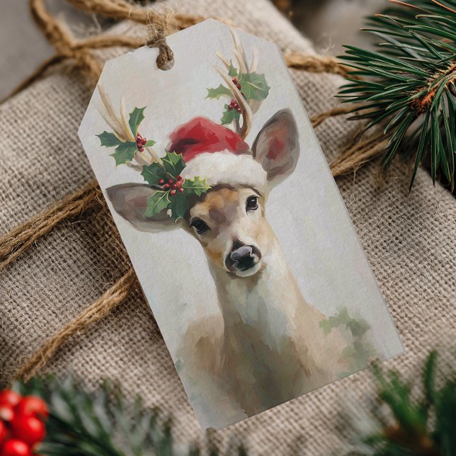 Étiquettes-cadeau Elegant Deer with Santa Hat Christmas (Elegant Woodland Deer Christmas Gift Tag)