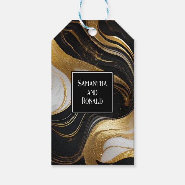 Étiquettes-cadeau Elégant Faux Gold, Noir Blanc Marbré Mariage (Devant)
