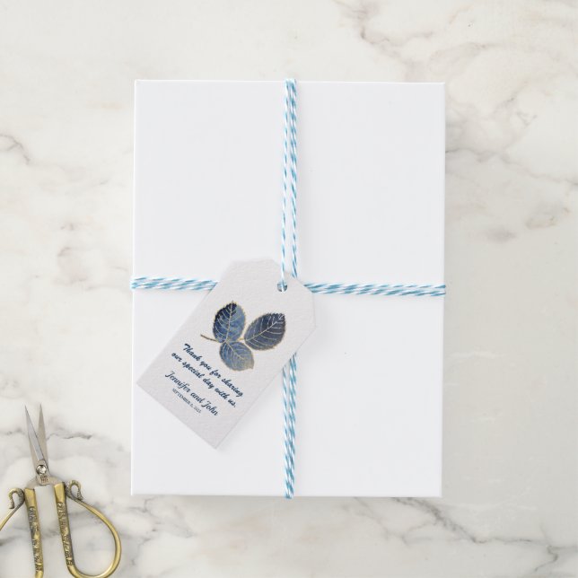 Étiquettes-cadeau Élégant Feuille d'or bleu Mariage botanique (Avec de laficelle)