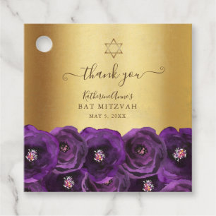 Étiquettes Cadeau Élégant Fleur Pourpre Bat Mitzvah Merci Or