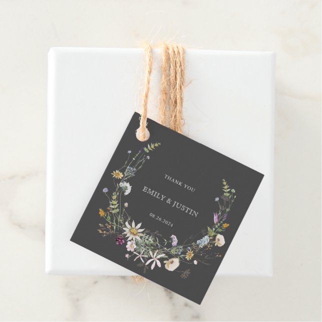 Étiquettes Cadeau Elégant Fleur sauvage aquarelle Merci noir (En situation)
