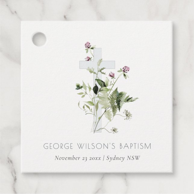 Étiquettes Cadeau Élégant Fleur sauvage croisé violet Baptême floral (Devant)