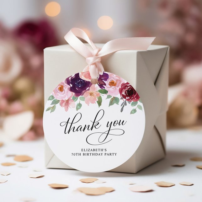 Étiquettes Cadeau Elégant Floral 70e anniversaire Merci de fête (Créateur téléchargé)