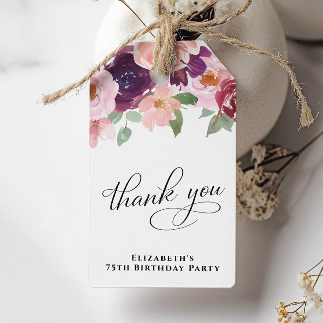 Étiquettes-cadeau Elégant Floral 75e anniversaire Merci de fête (Créateur téléchargé)