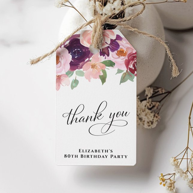 Étiquettes-cadeau Elégant floral 80e anniversaire Merci de fête (Créateur téléchargé)