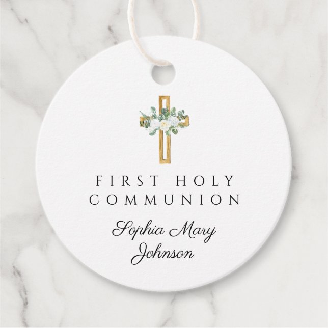 Étiquettes Cadeau Elegant Floral Cross Girl First Holy Communion (Devant)
