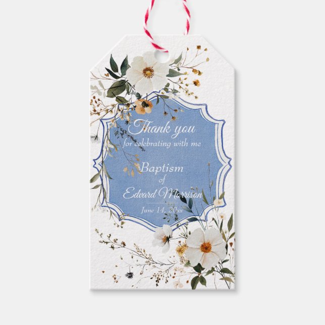 Étiquettes-cadeau Élégant floral Dusty Baptême bleu (Devant)