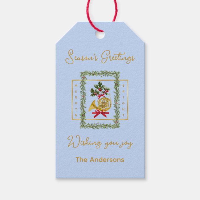 Étiquettes-cadeau Elegant French Horn Christmas Light Blue (Devant)