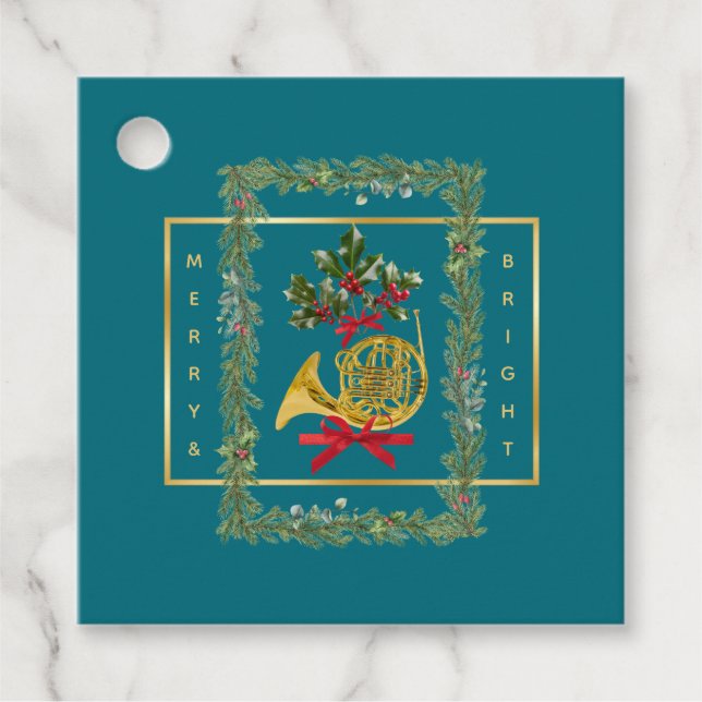 Étiquettes Cadeau Elegant French Horn Christmas Teal (Devant)