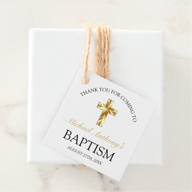 Étiquettes Cadeau Elegant Gold Cross Baby Boy Baptism Merci Favo (En situation)