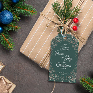 Étiquettes-cadeau Élégant Gold Snowflakes Peace Joy Green