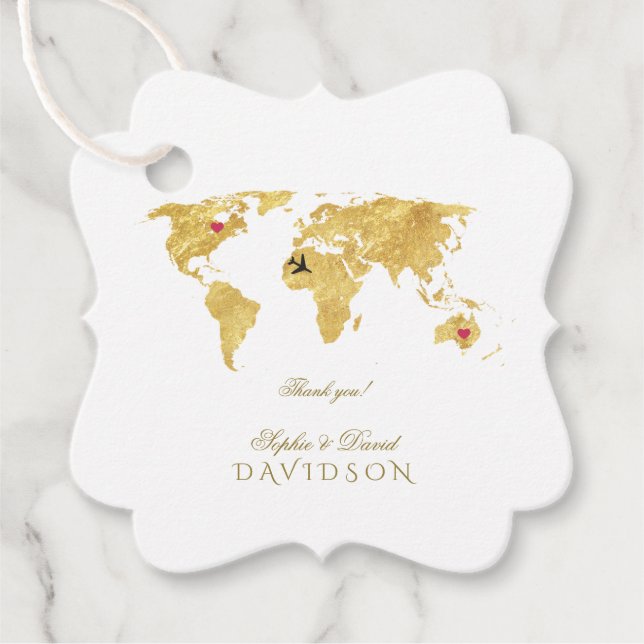 Étiquettes Cadeau Elégant Gold World Map Destination Mariage (Devant)
