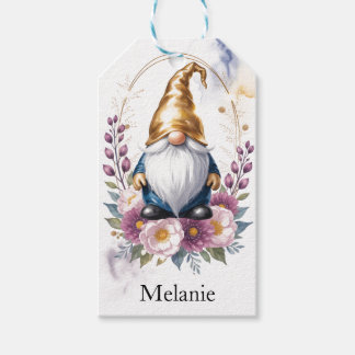 Étiquettes-cadeau Elegant Golden Gnome in Floral Bouquet