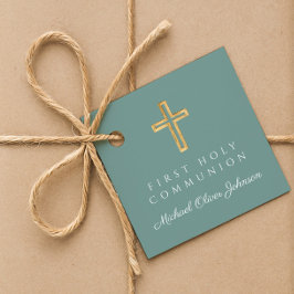 Étiquettes Cadeau Elegant Green Cross Boy First Communion
