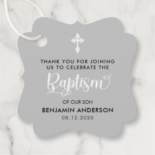 Étiquettes Cadeau Élégant Grey Boy Baptism Merci