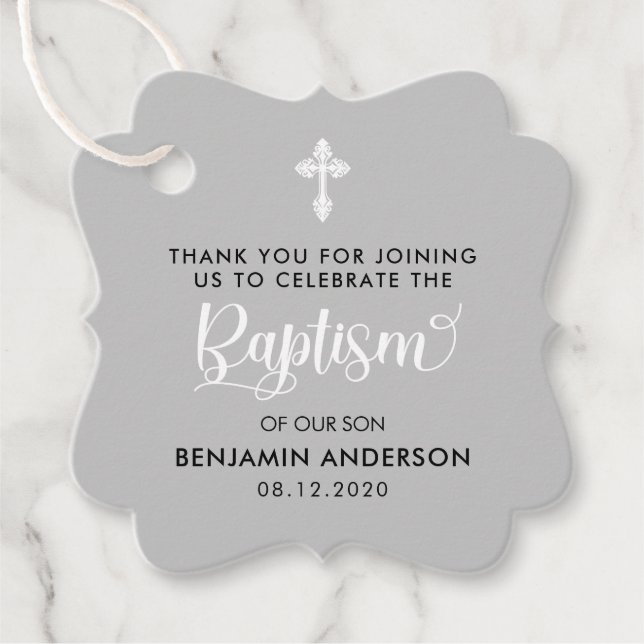 Étiquettes Cadeau Élégant Grey Boy Baptism Merci (Devant)