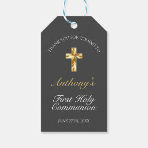 Étiquettes-cadeau Elegant Grey Gold Cross 1ère communion