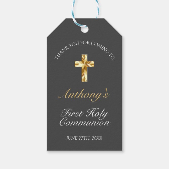 Étiquettes-cadeau Elegant Grey Gold Cross 1ère communion (Devant)