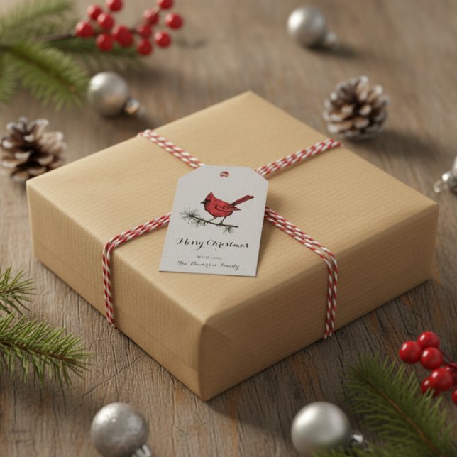 Étiquettes-cadeau Élégant Gris Cardinal Bird Noël (Elegant Red Cardinal Gift Tags. Cute Cardinal Bird on Pine Tree Branch. Merry Christmas Text on Gray)