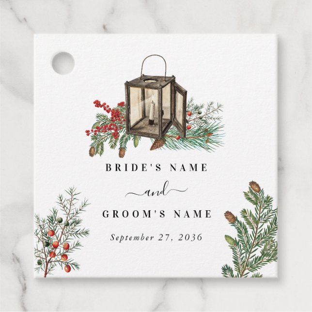 Étiquettes Cadeau Élégant hiver Pins rustique Mariage de lanterne (Devant)