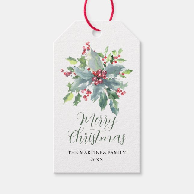 Étiquettes-cadeau Élégant Holly Berry Noël (Devant)