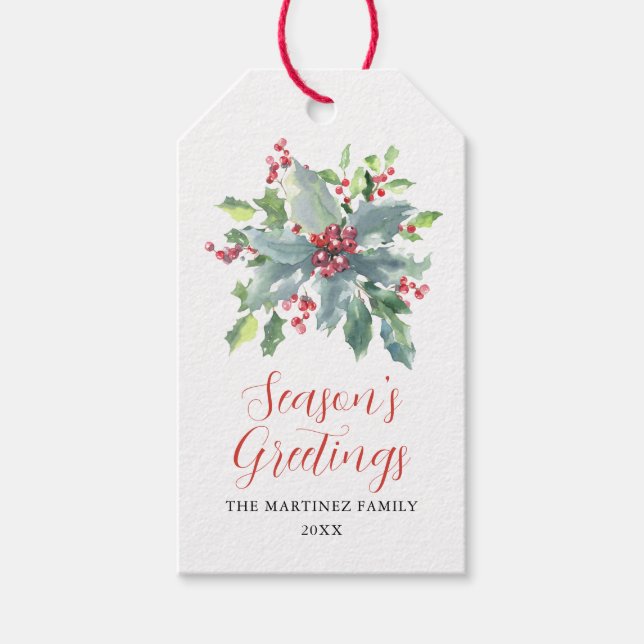 Étiquettes-cadeau Élégant Holly Berry Noël (Devant)