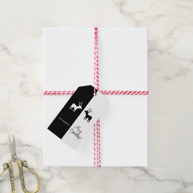 Étiquettes-cadeau Élégant Joyeux Noël écriture cursive noir blanc (Avec de la ficelle)