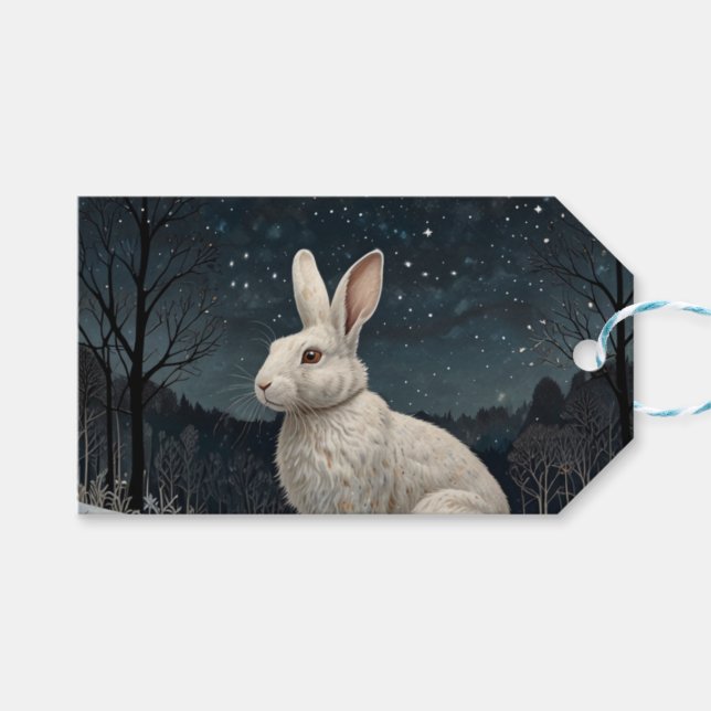 Étiquettes-cadeau Elégant lapin blanc Noël forêt enneigée (Devant (Horizontal))