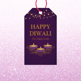 Étiquettes-cadeau Elégant mandala diyas personnalisé or violet diwal