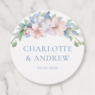 Étiquettes Cadeau Élégant Mariage de Fleurs Roses Bleues