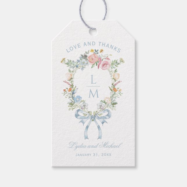 Étiquettes-cadeau Élégant Mariage de monogramme de couronne fleurie (Devant)