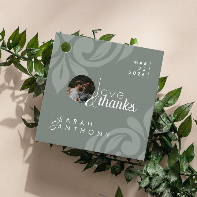 Étiquettes Cadeau Élégant Mariage de photo Earthy Olive Damask Round (Créateur téléchargé)