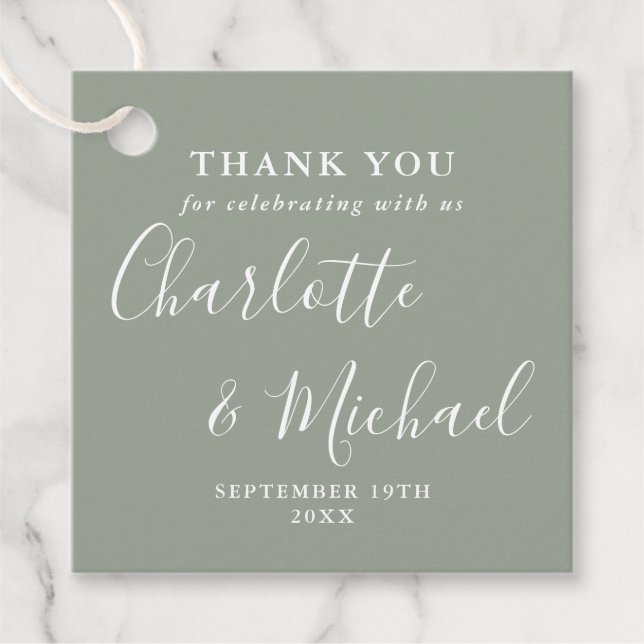 Étiquettes Cadeau Élégant Mariage de script Merci Sage Green (Devant)