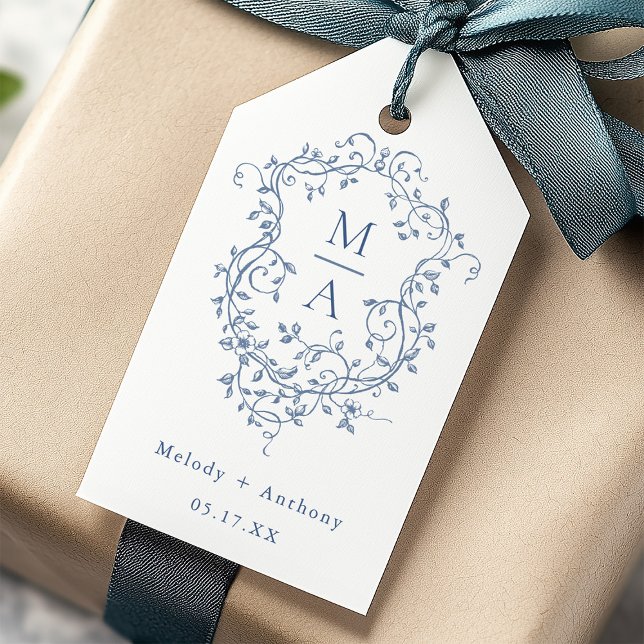 Étiquettes-cadeau Élégant Mariage Floral bleu français (Créateur téléchargé)