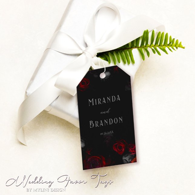 Étiquettes-cadeau Élégant Mariage floral noir et rouge personnalisé (Créateur téléchargé)
