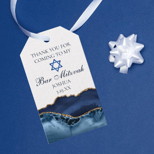 Étiquettes-cadeau Elégant Marine Blue Gold Agate Bar Mitzvah Party