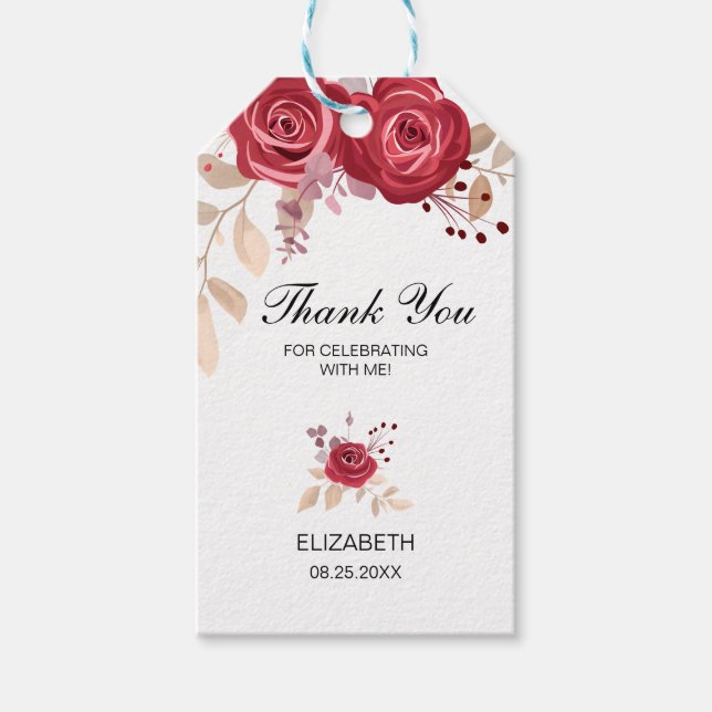 Étiquettes-cadeau Elégant Maroon Rose Floral Verdure Anniversaire (Devant)