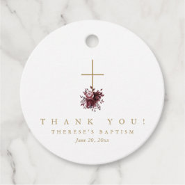 Étiquettes Cadeau Elégant Merci de Baptême Croix Rouge Florale