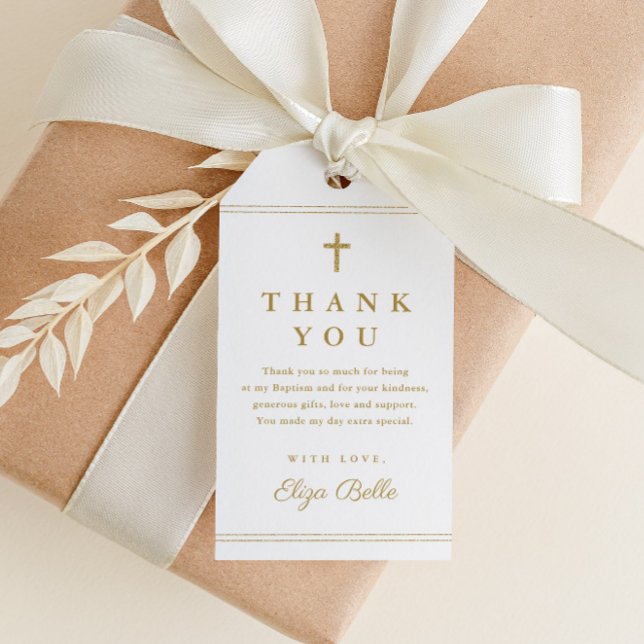Étiquettes-cadeau Elégant Merci de la Croix d'or Favor (Elegant gold glitter baptism thank you favor tag with simple typography and script name.)
