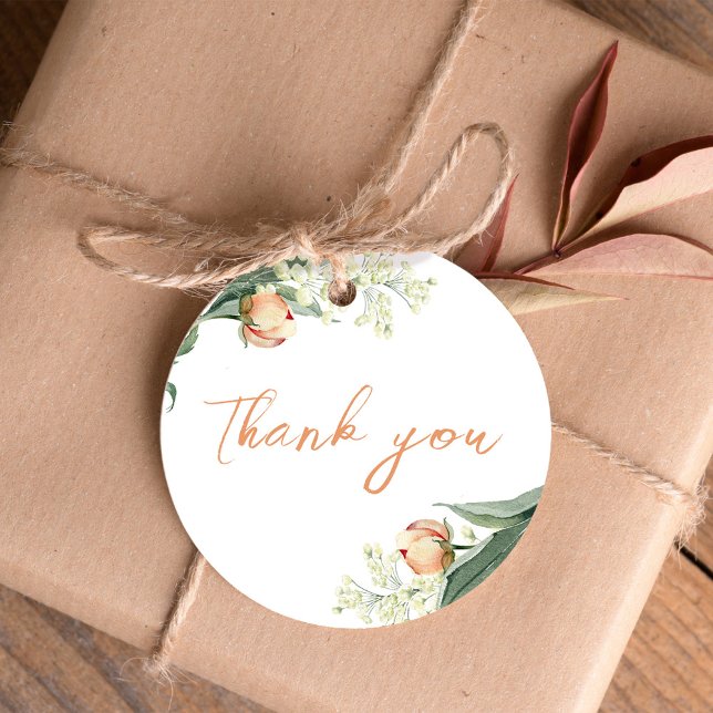 Étiquettes Cadeau Élégant Merci Floral Pêche Mariage (Elegant peach floral wedding favor tag.)