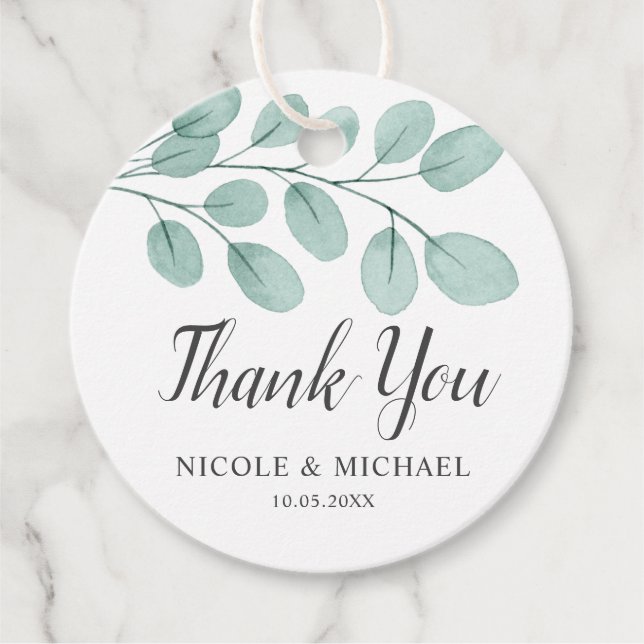 Étiquettes Cadeau Elégant Merci Mariage Eucalyptus aquarelle (Devant)