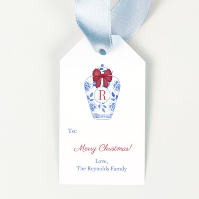 Étiquettes-cadeau Élégant Monogram Red Bow Joyeux Noël (Chinoiserie Blue And white ginger jar with red bow and space for monogram merry christmas gift tags)