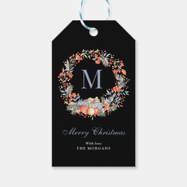 Étiquettes-cadeau Elegant Monogram Wreath Dusty Blue Christmas (Devant)