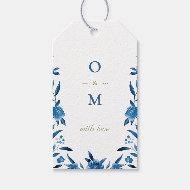 Étiquettes-cadeau Élégant monogramme Mariage chinois floral bleu (Devant)