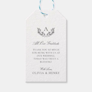 Étiquettes-cadeau Élégant Monongramme et Feuille Grey Mariage chréti