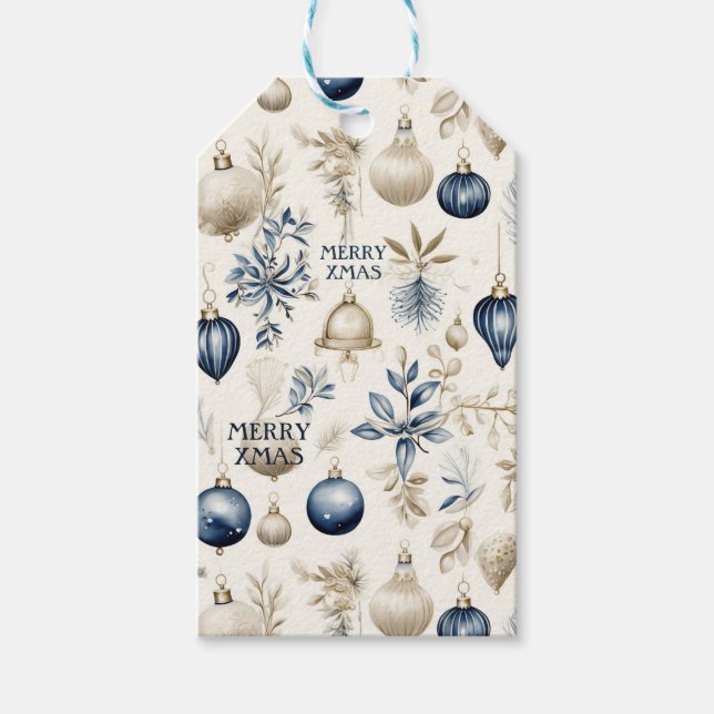 Étiquettes-cadeau Élégant Motif de Noël Bleu & Or (Devant)