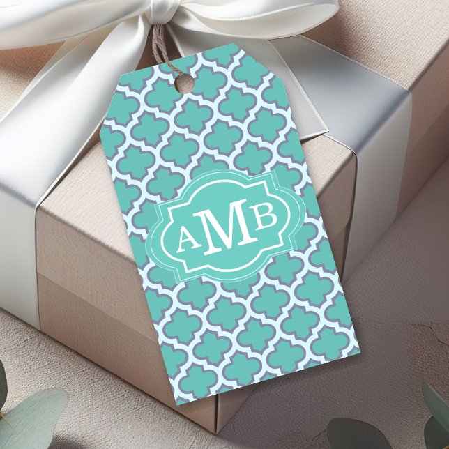 Étiquettes-cadeau Élégant Motif Quatrefoil Turquoise Personnalisé Mo (Créateur téléchargé)