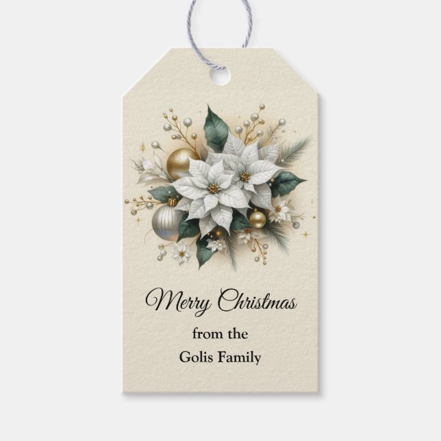 Étiquettes-cadeau Élégant Noël blanc Poinsettia Floral (Devant)